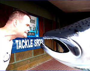 Junkyard Jonny stares down a fish in Terrace, B.C.