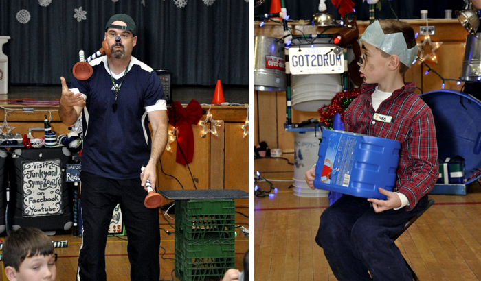 Jonny juggles plungers. The cheerleader watches.