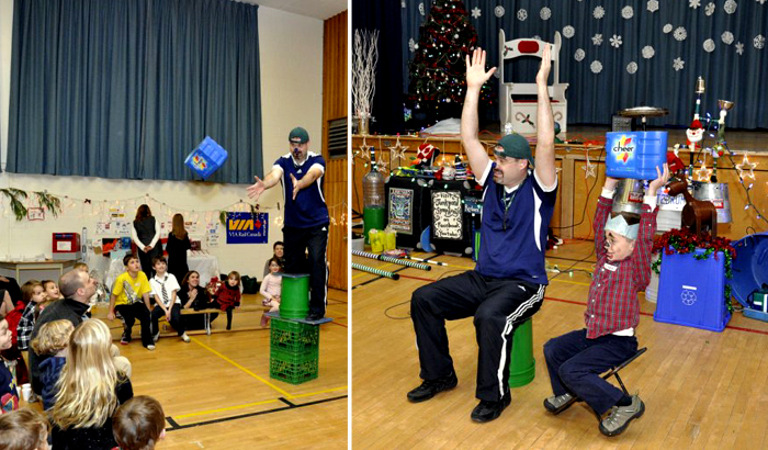 Jonny shows the cheerleader how to cue the crowd.