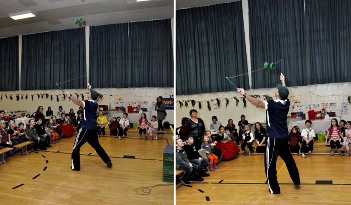 Junkyard Jonny tosses the diabolo.