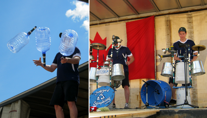 Junkyard Jonny juggles gigantic juggling jugs. Jonny and Spence drum up a big finish.